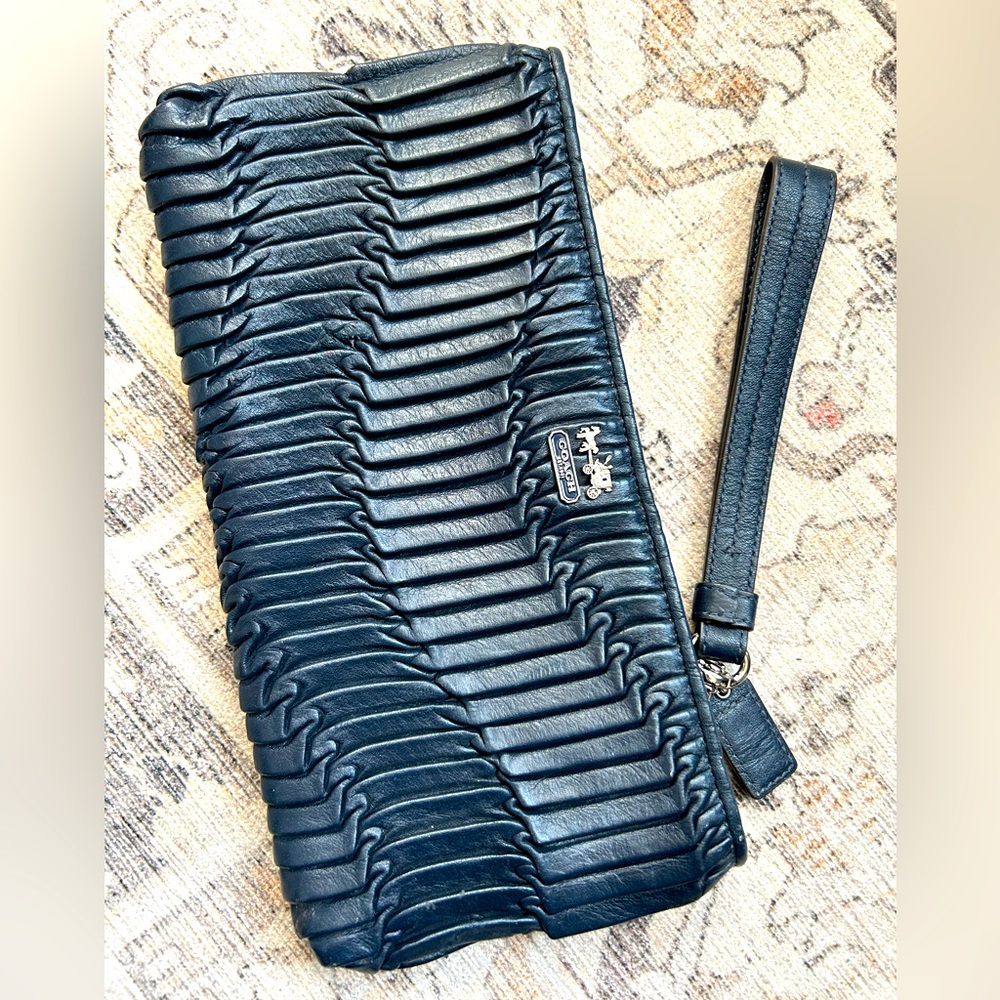 Coach Pleated Leather navy blue wristlet